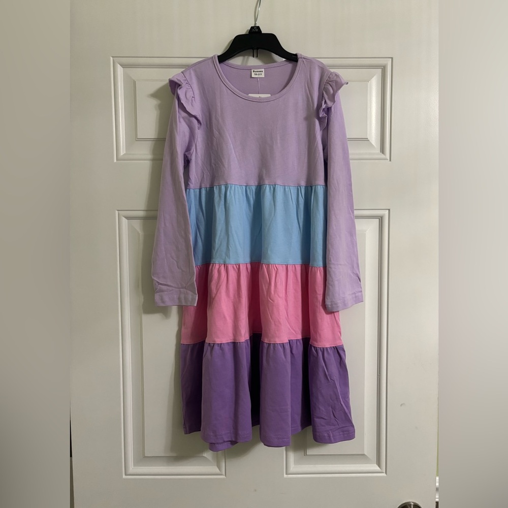 Charming Tiered Kids Dress in Lavender, Sky Blue, and Rose